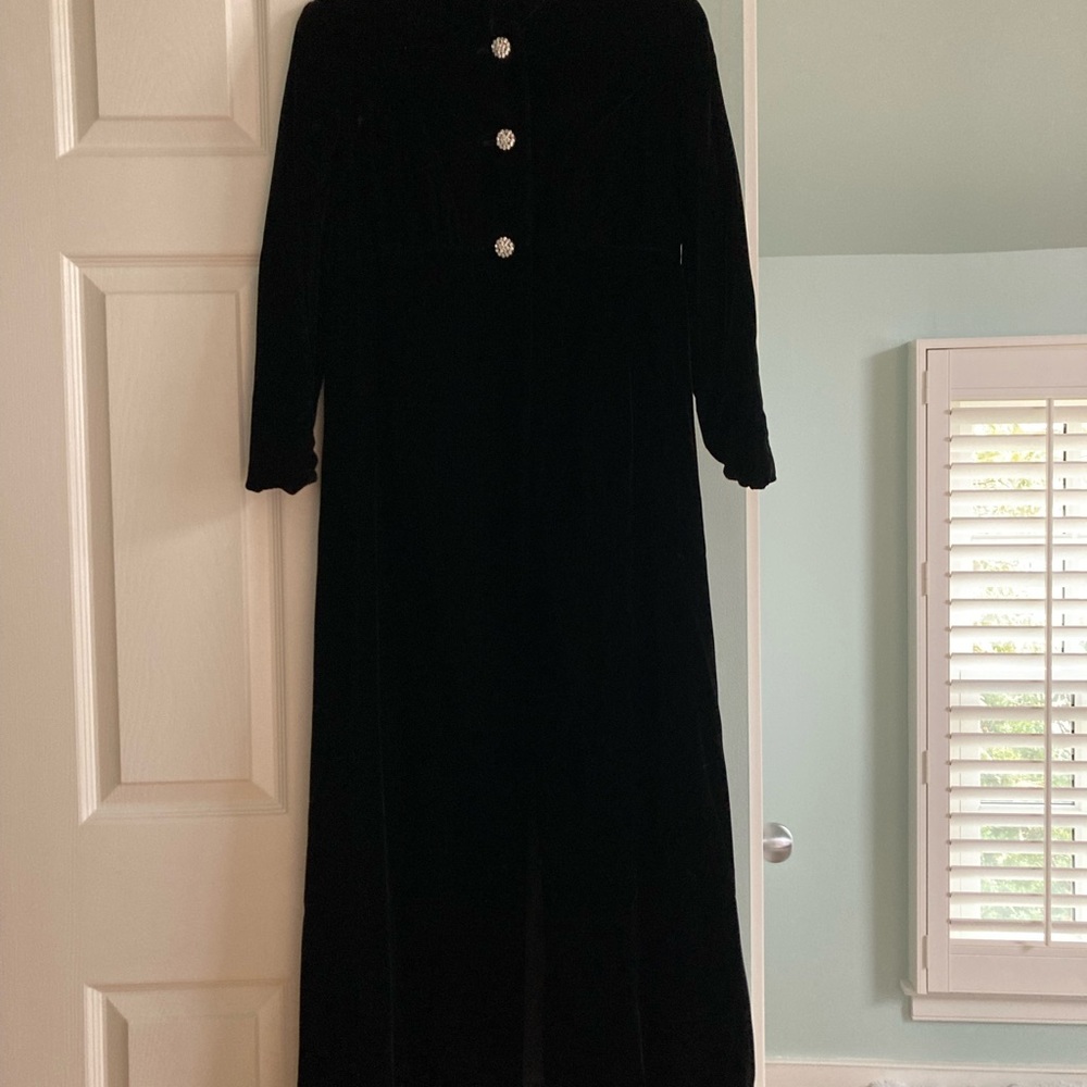 Vintage long black velvet formal  jacket with rhinestone buttons.